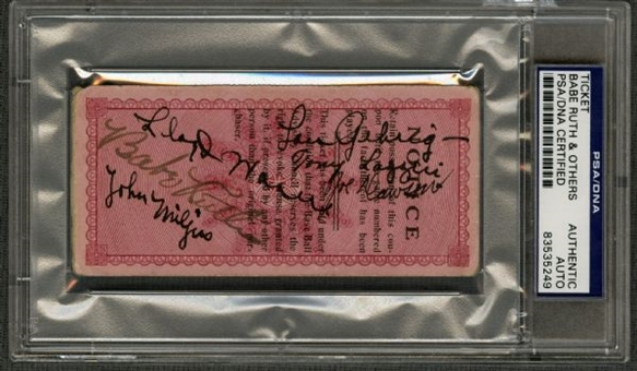 1927 World Series Ticket Signed By 6 Including Babe Ruth, Lou Gehrig, Tony Lazzeri, and Lloyd Waner 